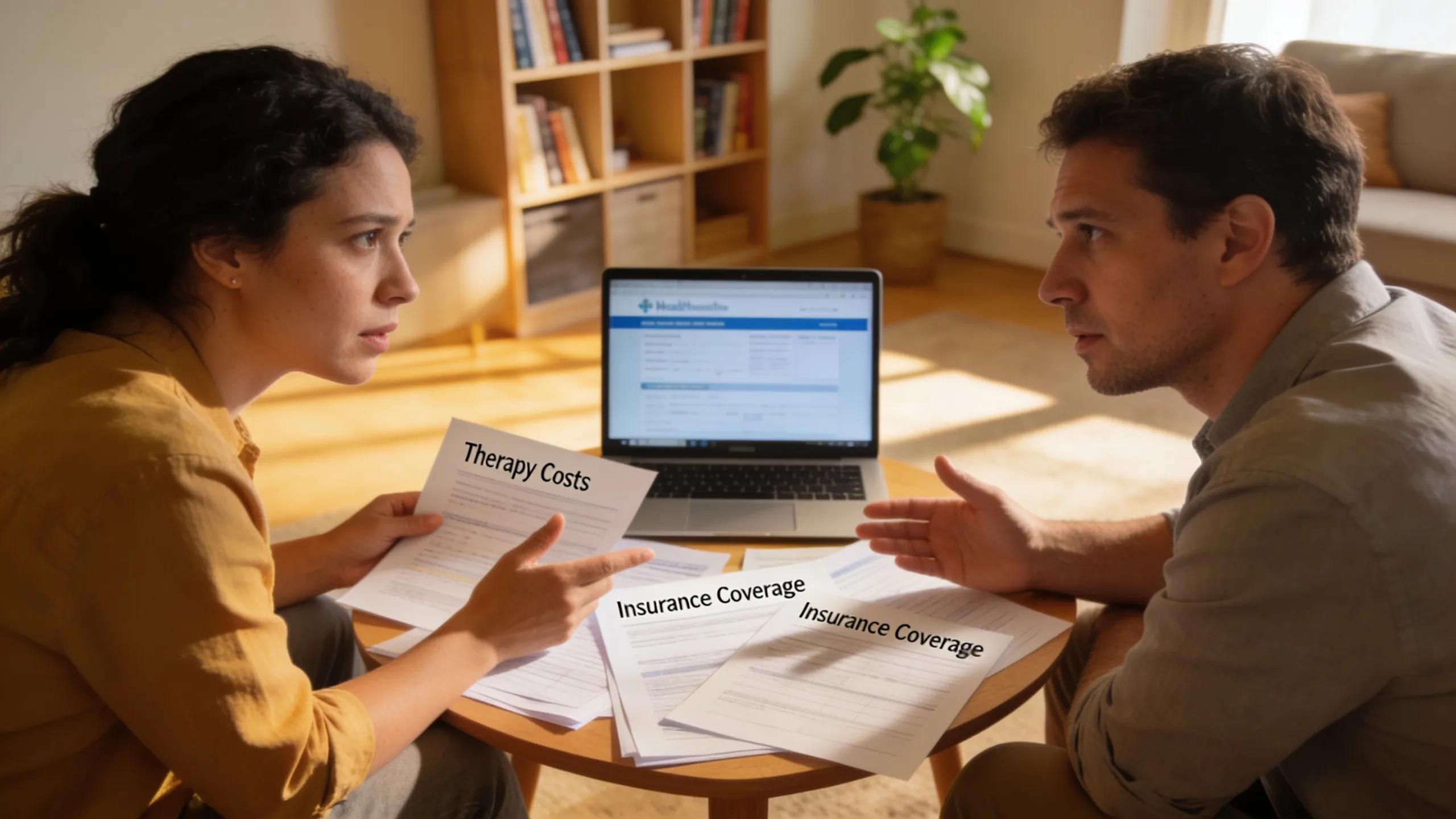 Couple evaluating insurance options for couples therapy, focusing on financial planning and care options